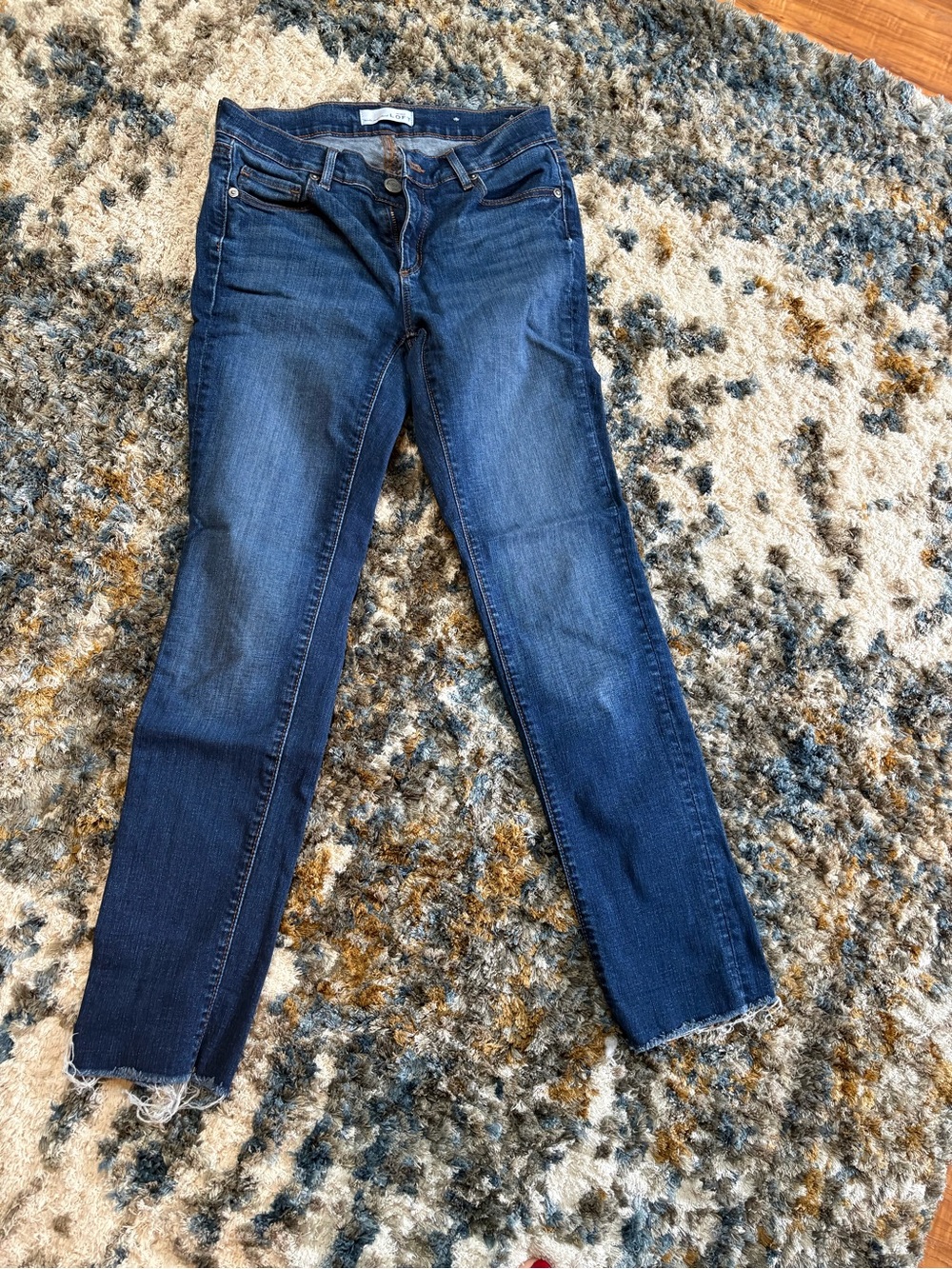LOFT Medium-Dark Blue Straight Leg Jeans with Raw Hem